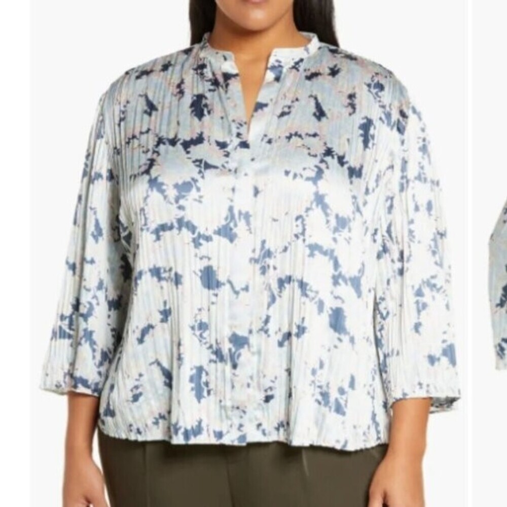 VINCE Lotus Pleated Floral Crinkle Blouse Women 3X Button Down Satin $325